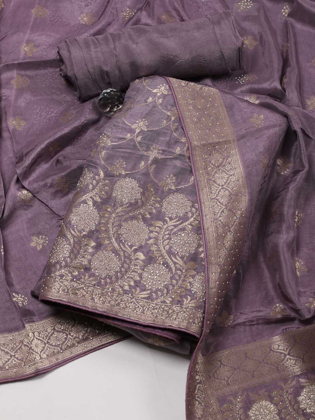 

Meena Bazaar Floral Woven Design Beads & Stones Art Silk Unstitched Dress Material, Mauve