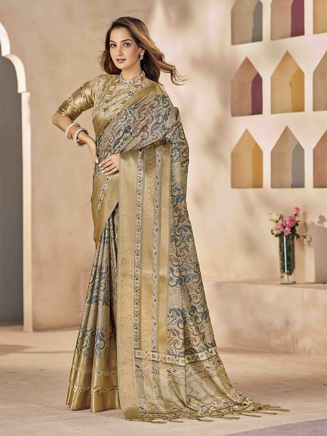 

Ethnielle Floral Print Saree, Beige