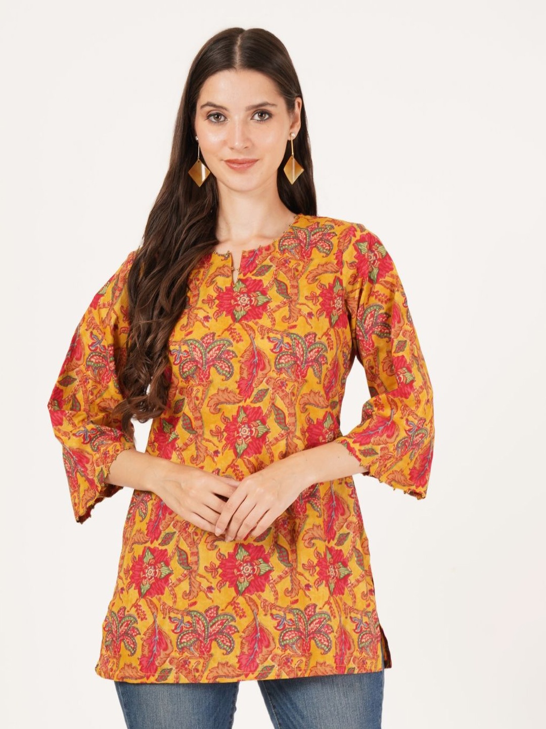 

KALINI Floral Printed Pure Cotton Kurti, Yellow