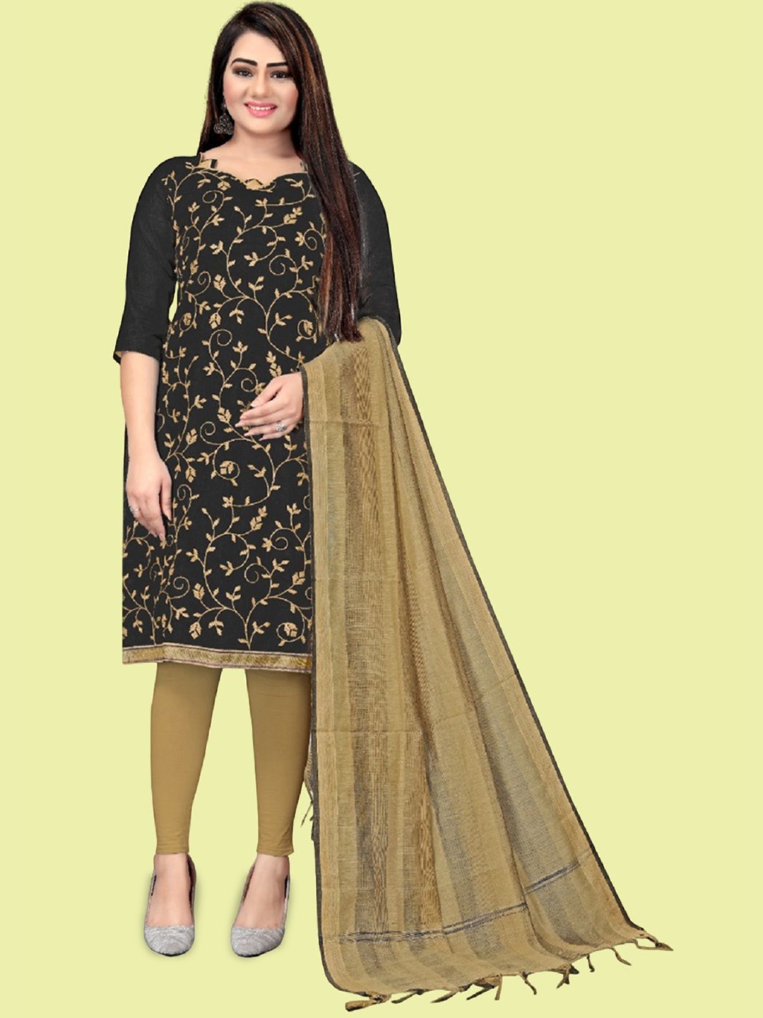 

APNISHA Floral Embroidered Thread Work Unstitched Dress Material, Black