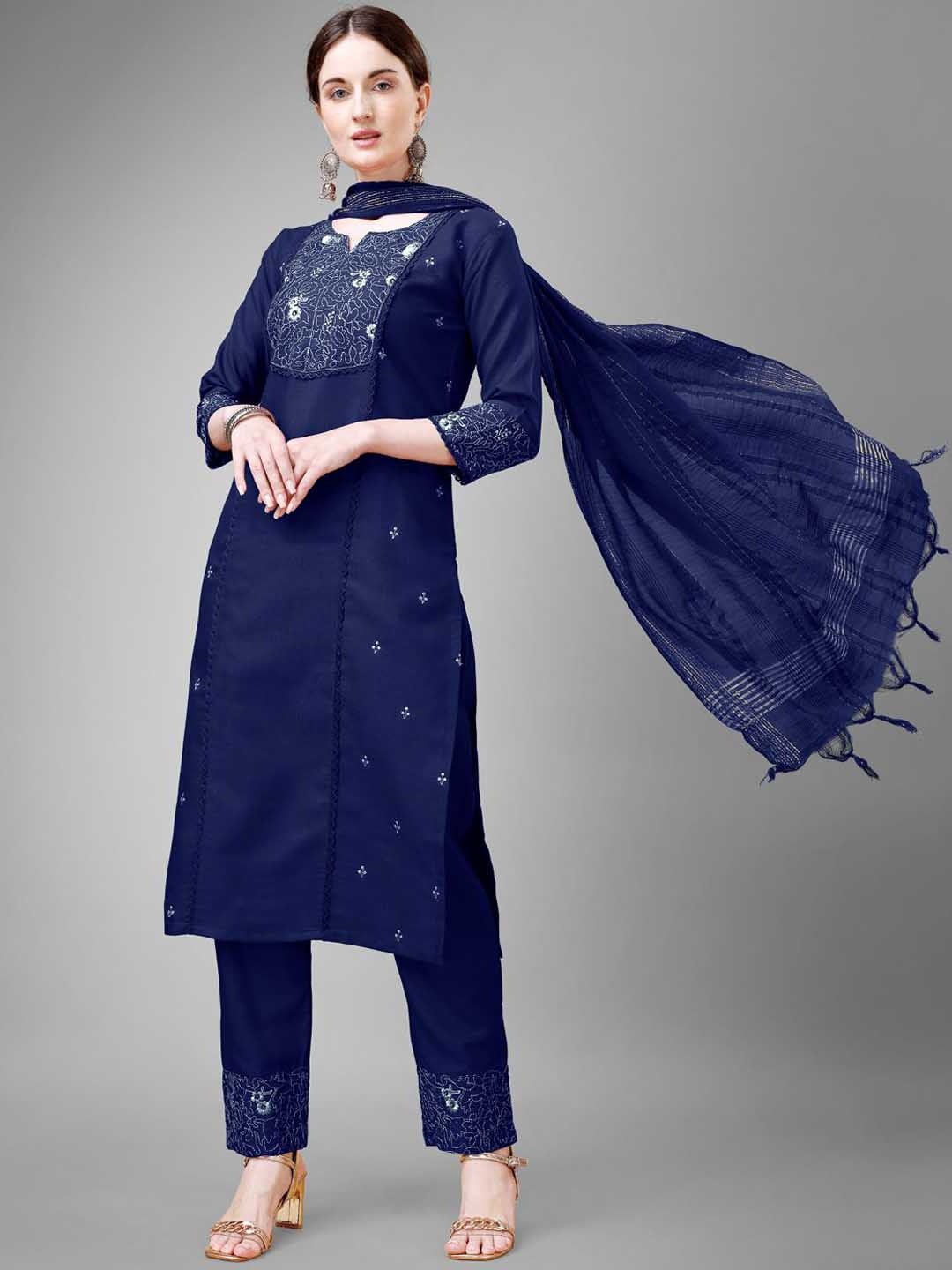 

WILNERCROWN Floral Embroidered Panelled Sequinned Kurta With Trousers & Dupatta, Navy blue