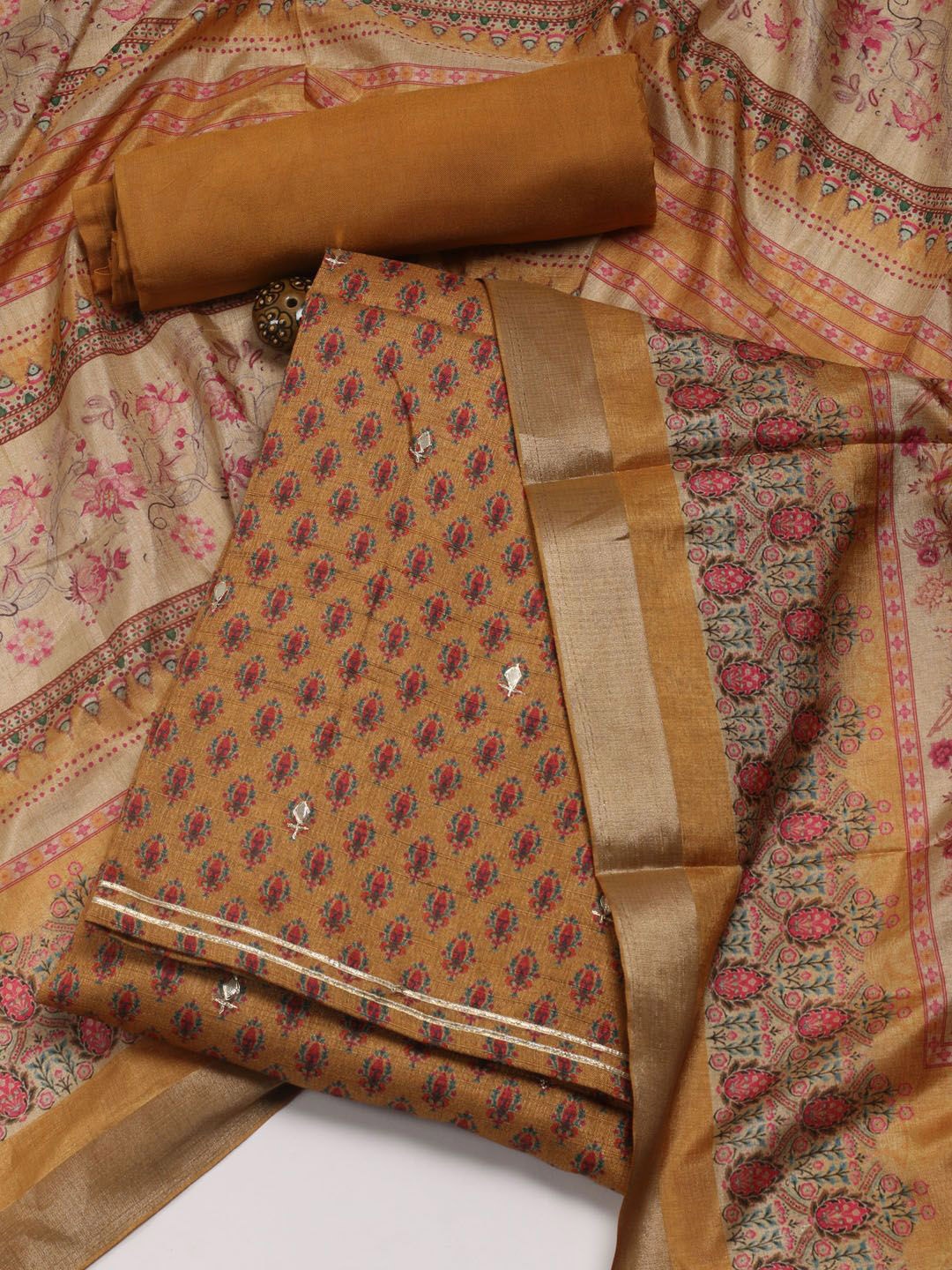 

Meena Bazaar Floral Printed Unstitched Dress Material, Mustard
