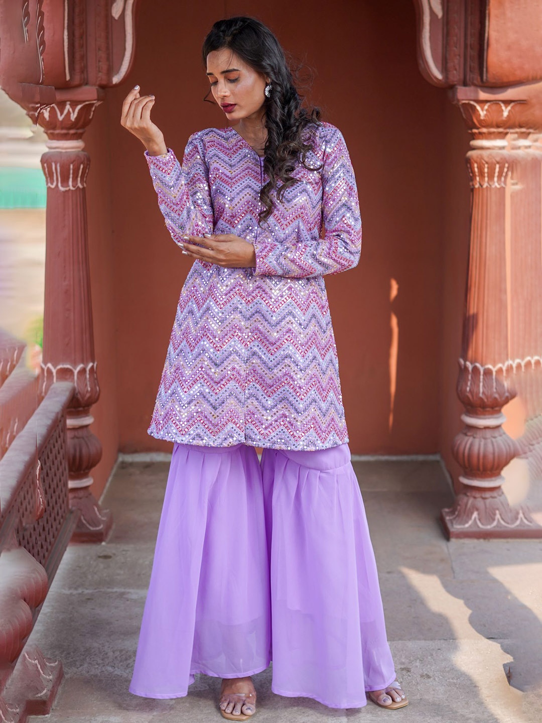 

GO BOUJEE Embroidered Regular Sequin Work Detail Georgette Kurta with Palazzos, Lavender