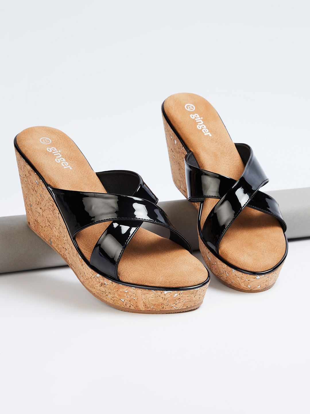 

Ginger by Lifestyle Women Printed PU Party Wedge Sandals, Black