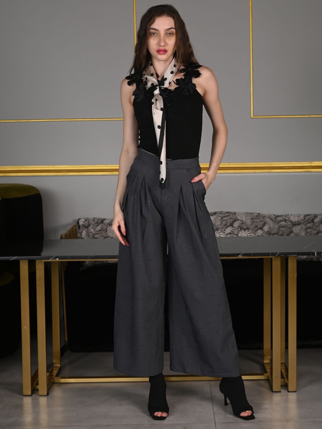 

ODETTE Women Floral Printed High-Rise Pleated Wide Leg Trousers, Grey