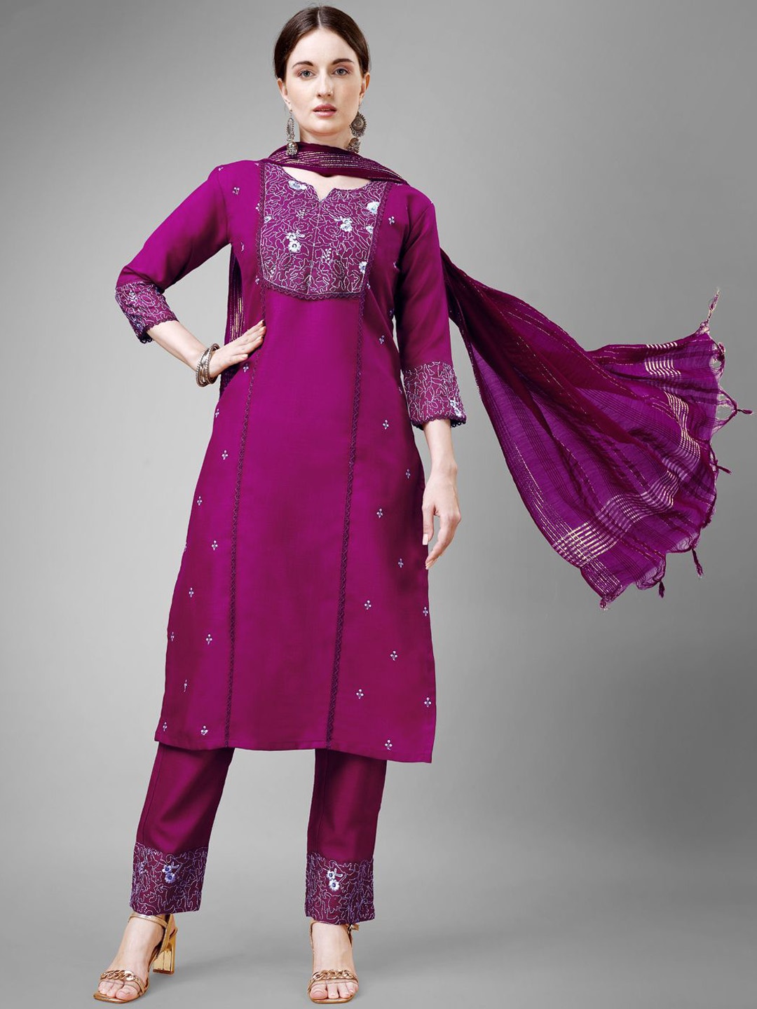 

WILNERCROWN Floral Embroidered Panelled Sequinned Kurta With Trousers & Dupatta, Purple