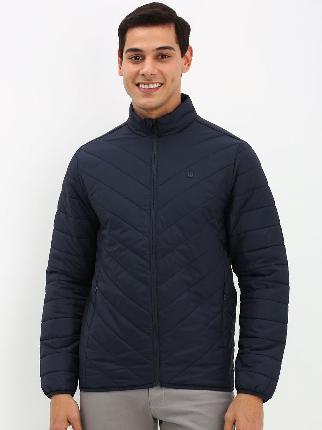 

Allen Solly Men Solid Stand Collar Quilted Jacket, Navy blue