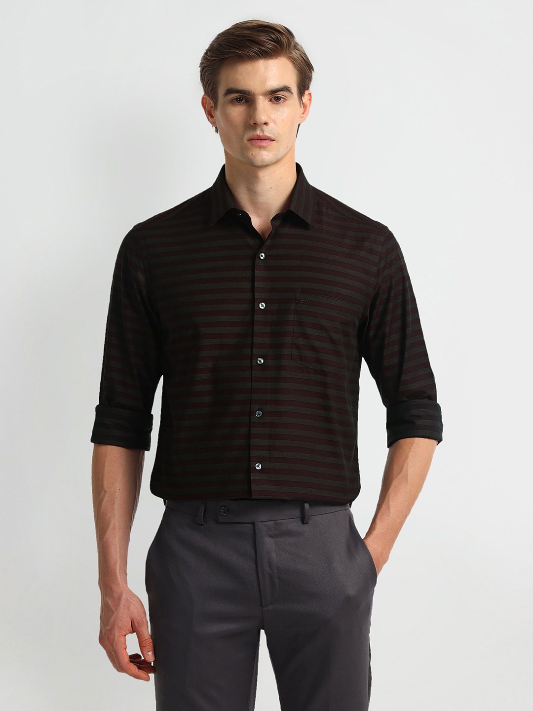 

Arrow Men Modern Spread Collar Striped Cotton Slim Fit Formal Shirt, Red