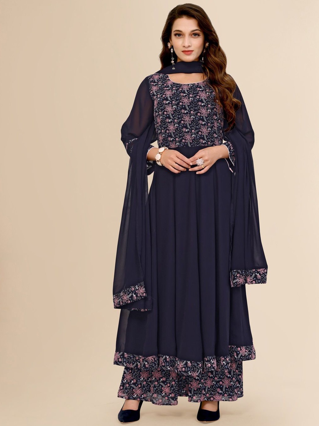 

TITANIUM SILK INDUSTRIES PVT. LTD. Floral Printed Anarkali Kurta With Sharara & Dupatta, Navy blue