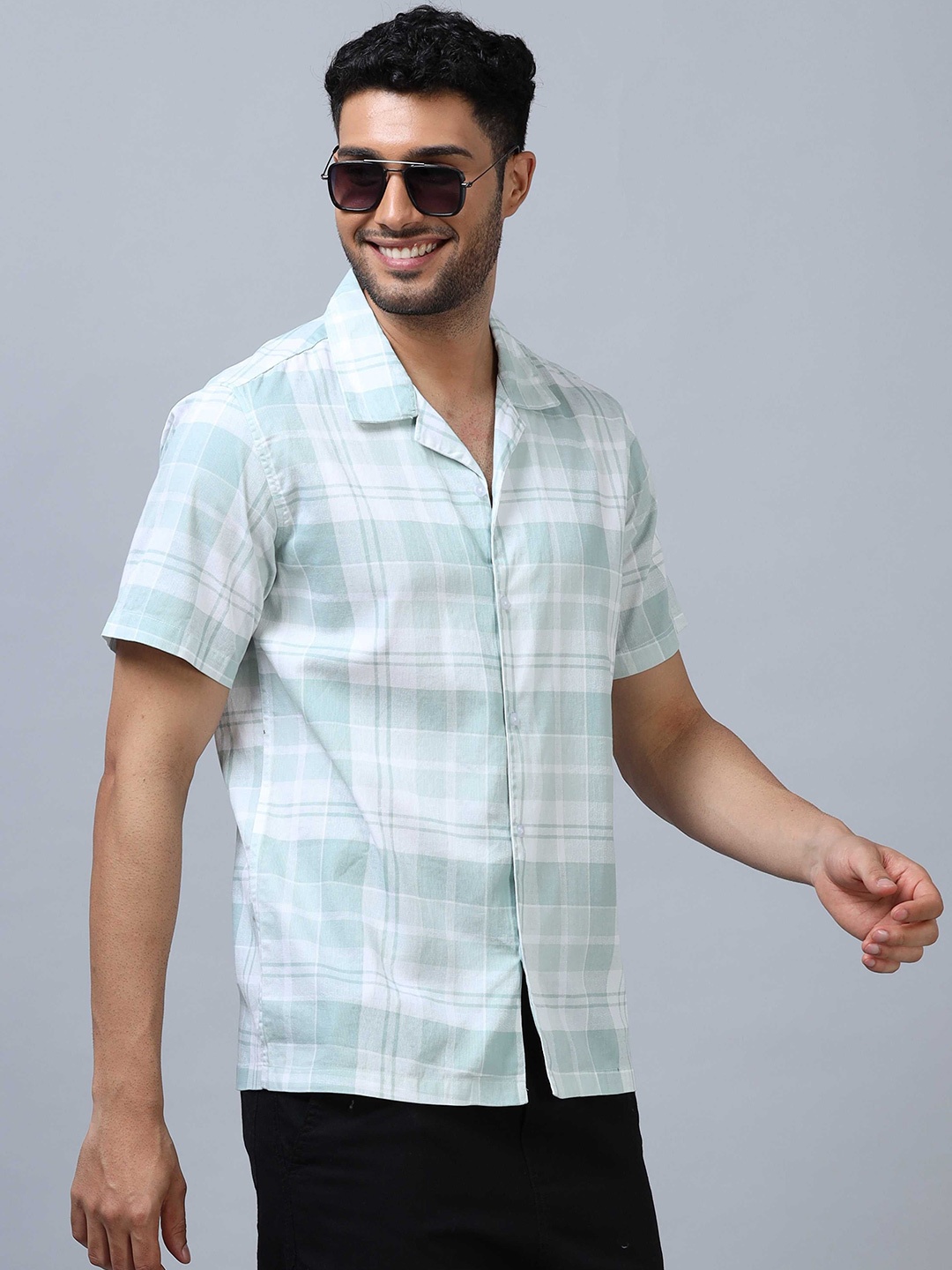 

SORATIA Men Cuban Collar Tartan Checked Cotton Relaxed Fit Casual Shirt, Green