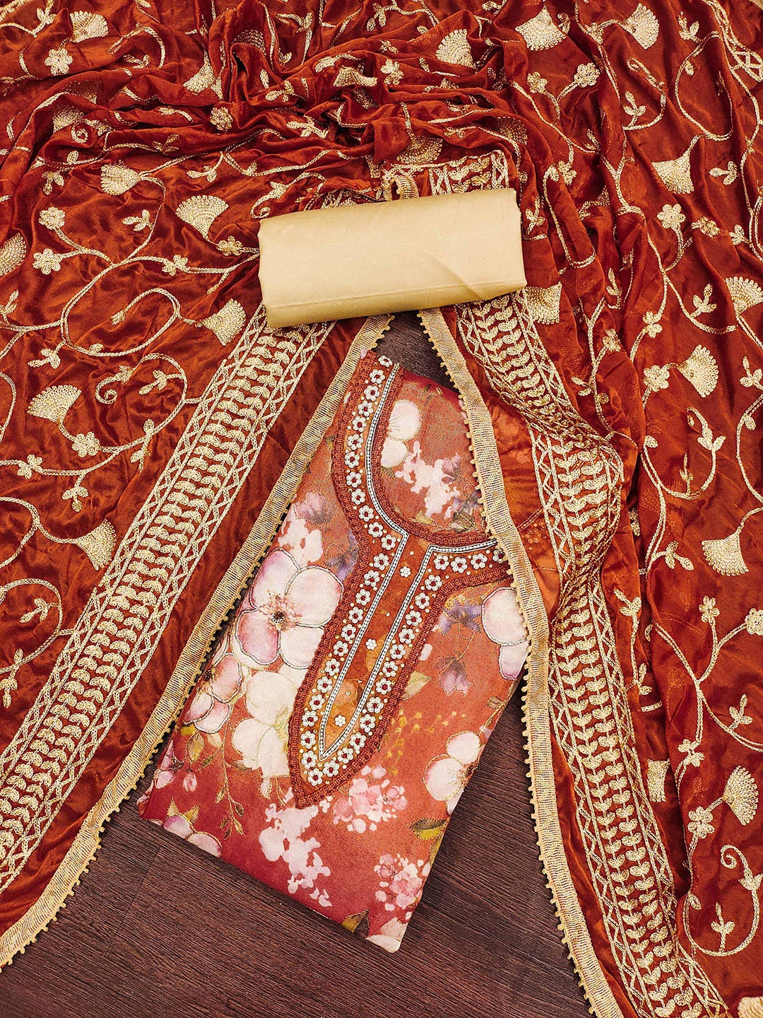 

KALINI Floral Embroidered Unstitched Dress Material, Brown