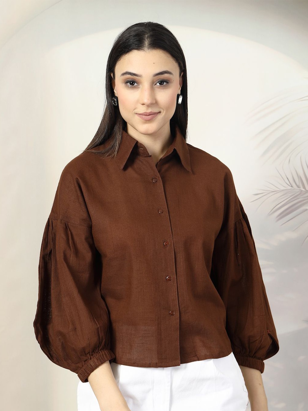 

plusS Women Solid Shirt Collar Cotton Top, Brown