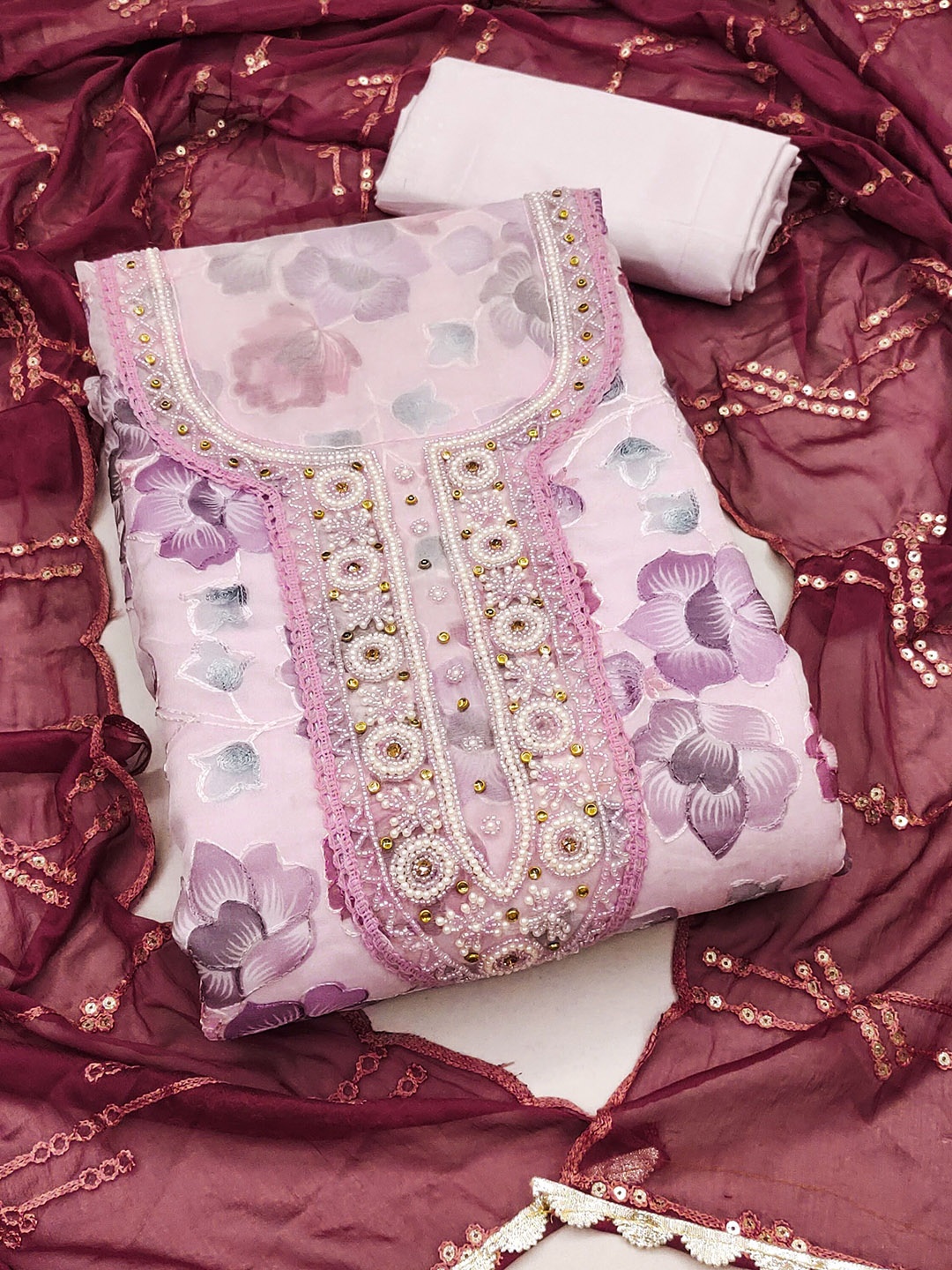 

KALINI Floral Embroidered Zari Unstitched Dress Material, Pink