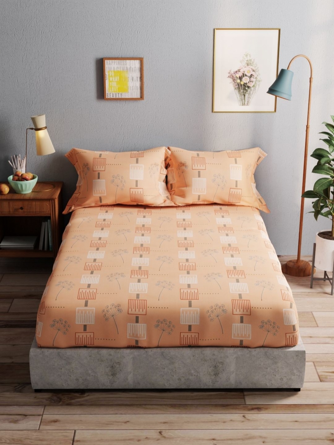 

BIANCA Amolina Peach-Coloured Geometric 140 TC Cotton Queen Bedsheet With 2 Pillow Covers