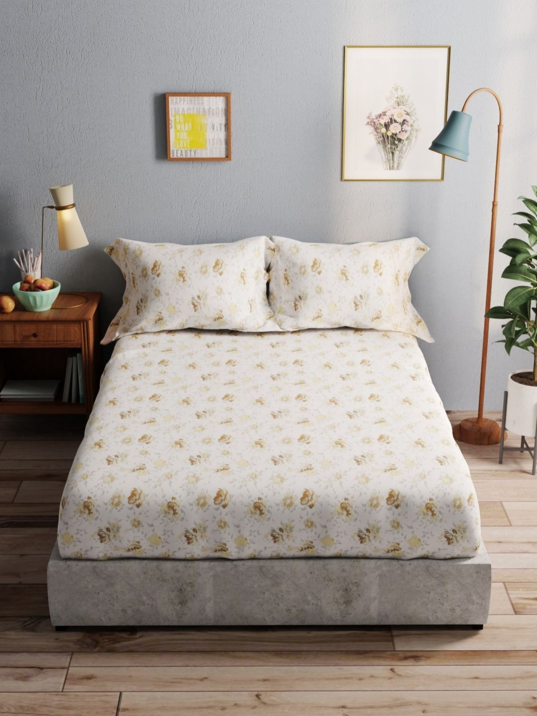 

BIANCA White & Brown Floral 140 TC Pure Cotton Queen Double Bedsheet With 2 Pillow Covers
