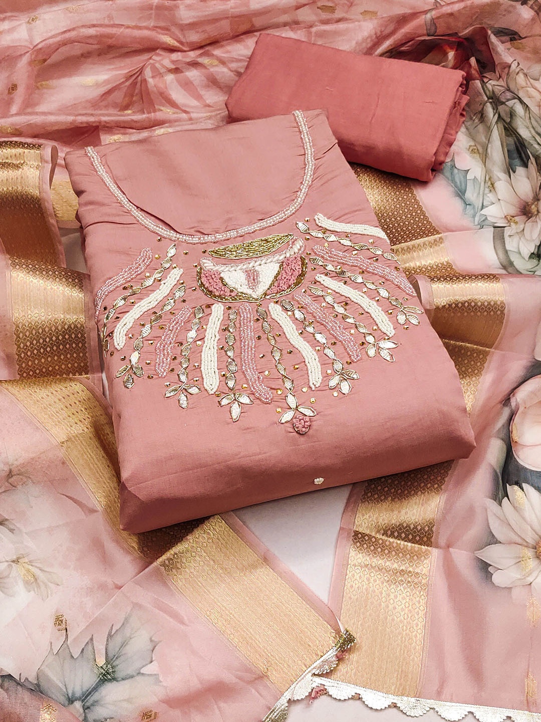 

KALINI Embellished Pure Silk Unstitched Dress Material, Peach