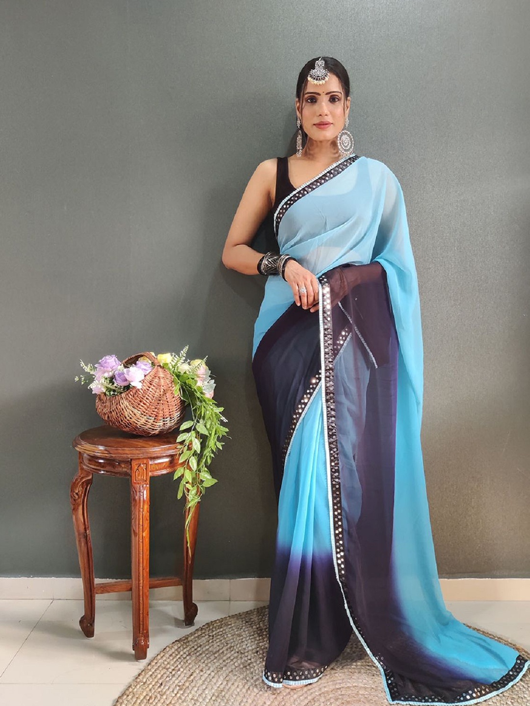 

Aika Pure Georgette Sequence Lace Ready to Wear Saree, Turquoise blue