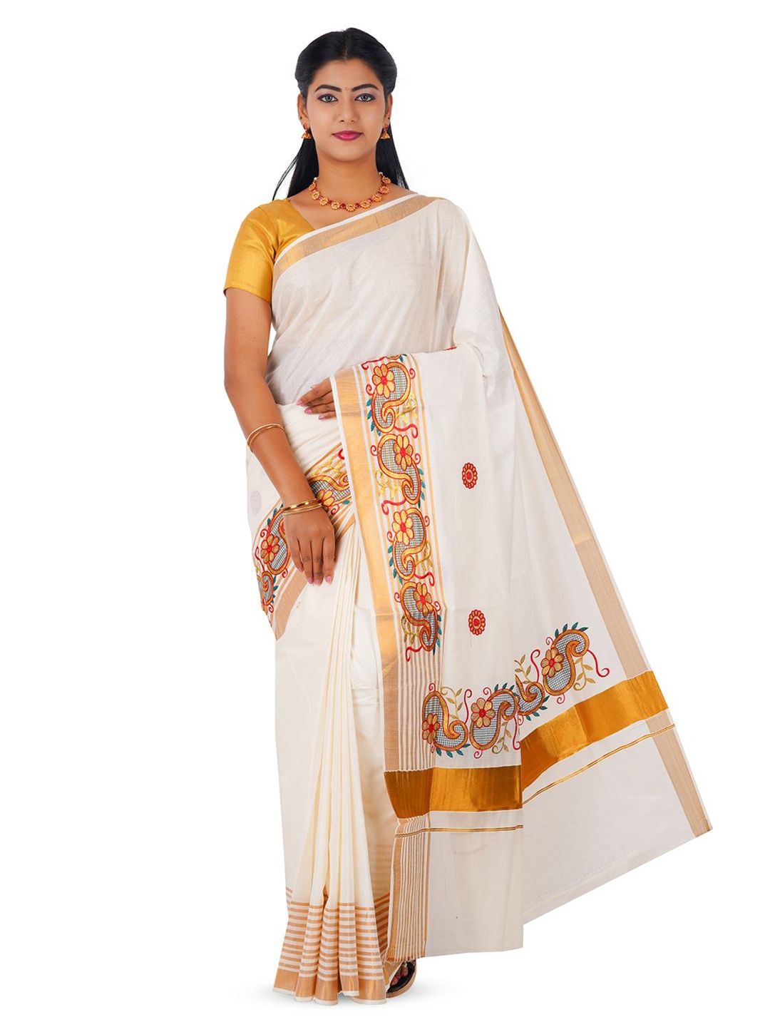 

Rst R Selvamani Tex Embroidered Floral Zari Pure Cotton Kasavu Saree, Off white