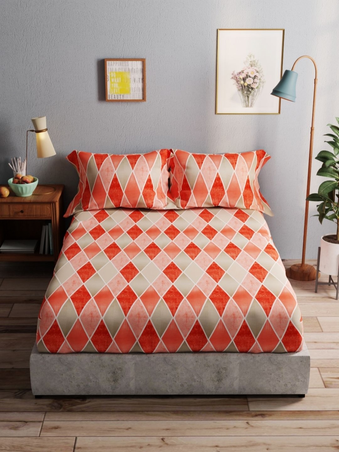 

BIANCA amolina Red Geometric Pure Cotton 140 TC Queen Bedsheet with 2 Pillow Covers