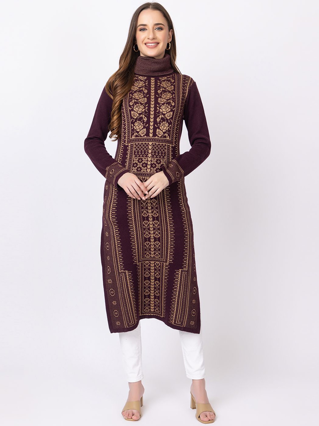 

Anouk Self Design High Neck Jacquard Knitted Straight Kurta, Mauve