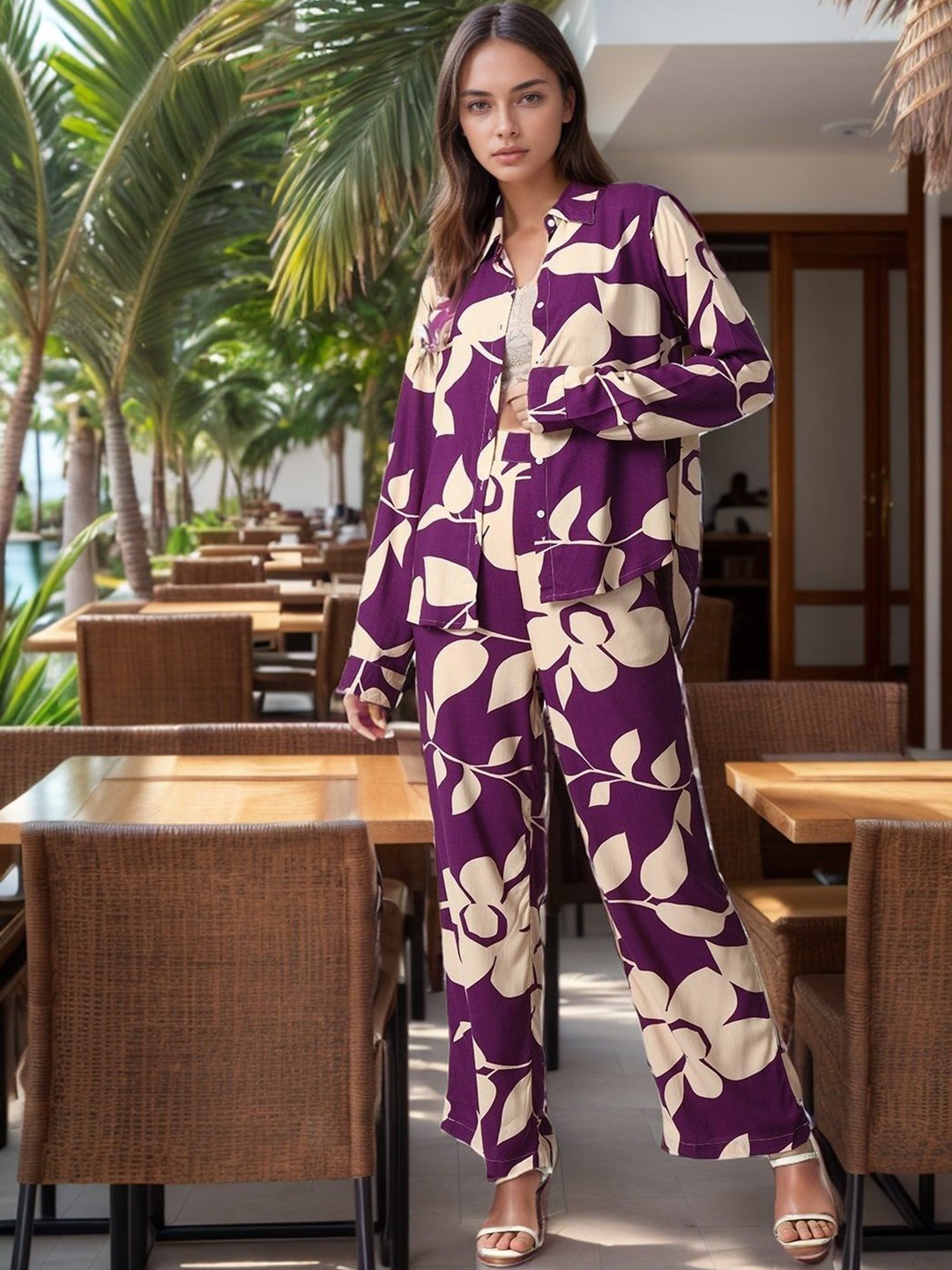 

DressBerry Purple Floral Printed Long Sleeves Shirt & Trouser