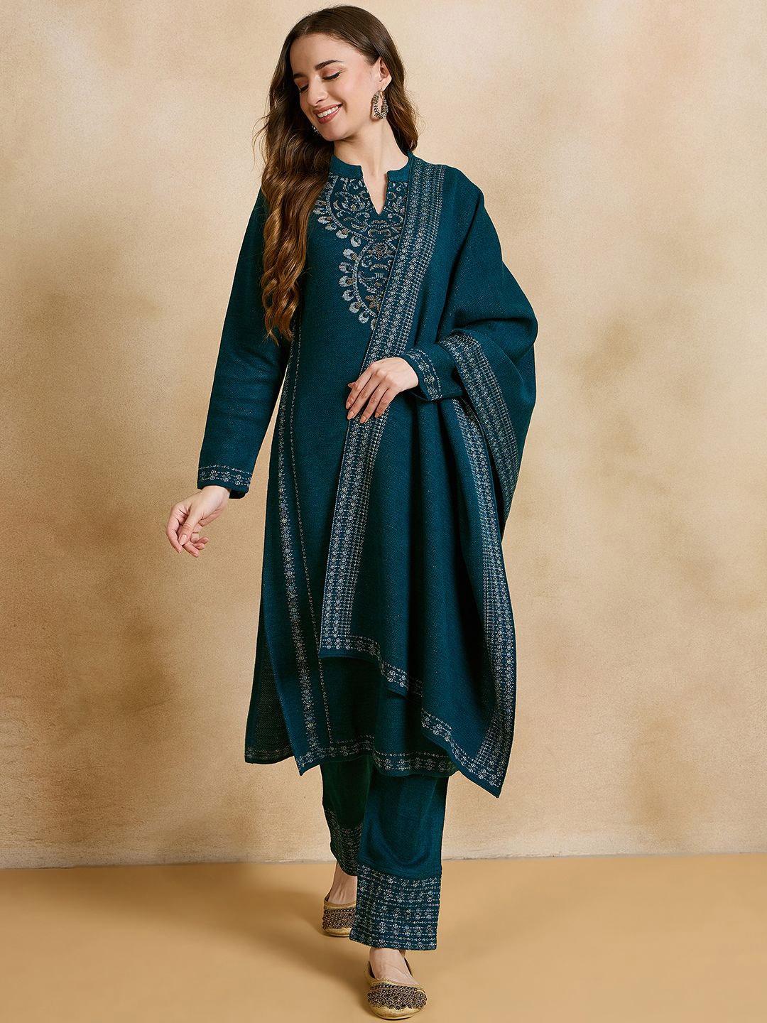 

CLAPTON Floral Embroidered Pure Woollen Straight Kurta With Trousers & Dupatta, Green