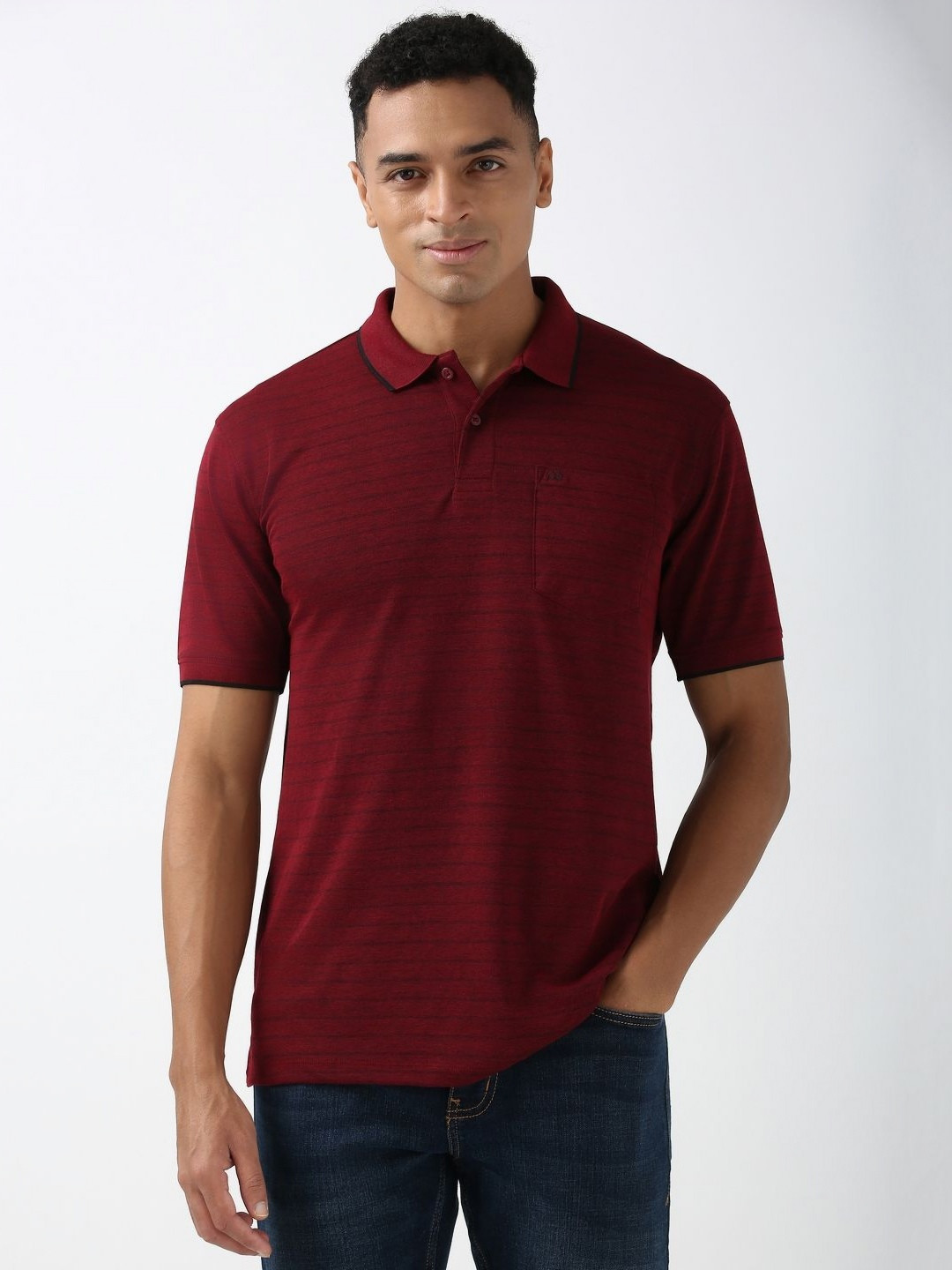 

Peter England Men Striped Polo Collar Cotton T-Shirt, Maroon
