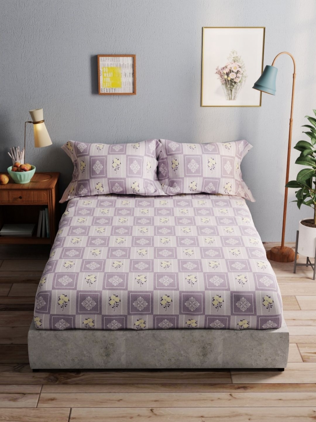 

BIANCA Amolina Purple & Yellow Floral 140 TC Cotton Queen Bedsheet With 2 Pillow Covers