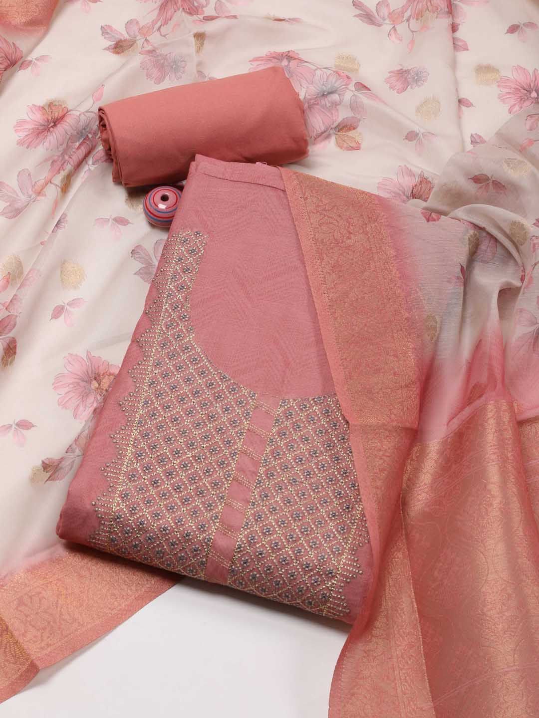 

Meena Bazaar Embroidered Thread Work Unstitched Dress Material, Pink