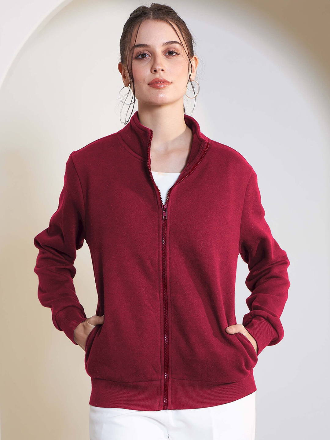 

SALT ATTIRE Women Woollen Lightweight Patchwork Jacket, Maroon