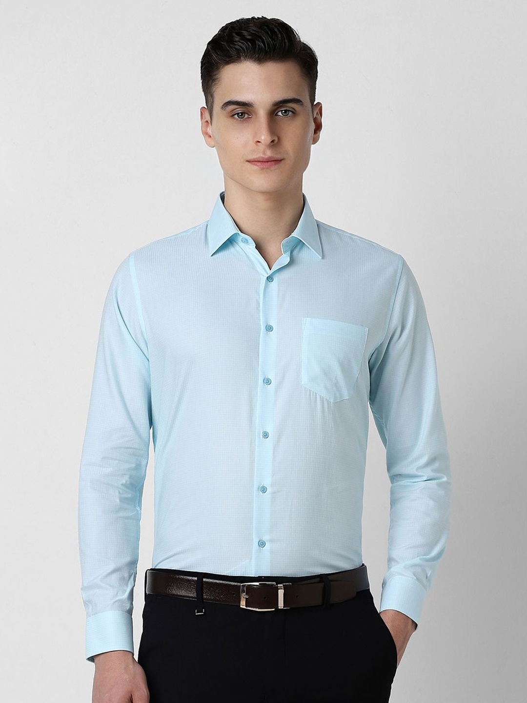 

Van Heusen Men Spread Collar Micro Checked Cotton Slim Fit Formal Shirt, Blue