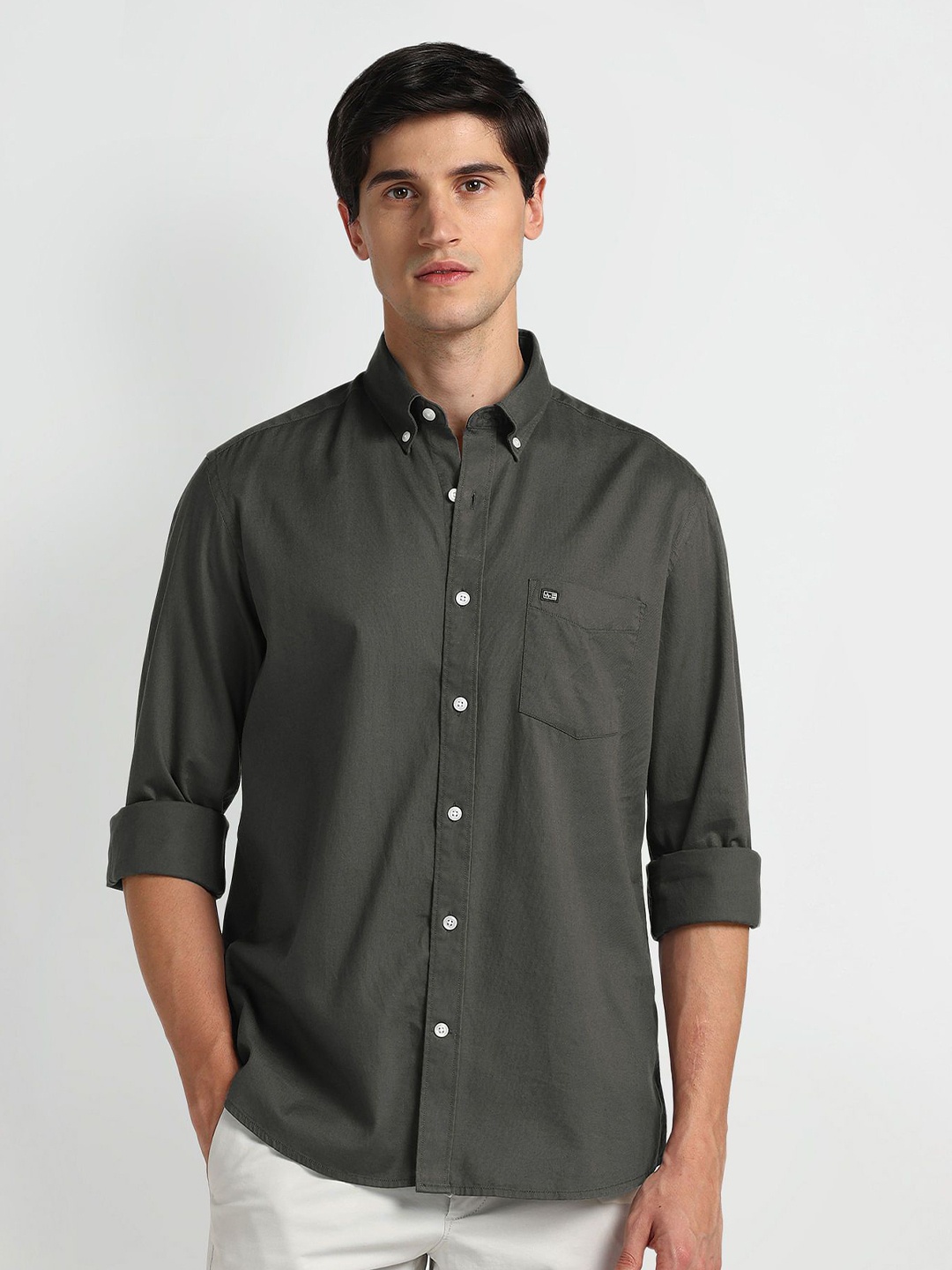 

Arrow Sport Men Smart Button-Down Collar Solid Cotton Slim Fit Casual Shirt, Grey