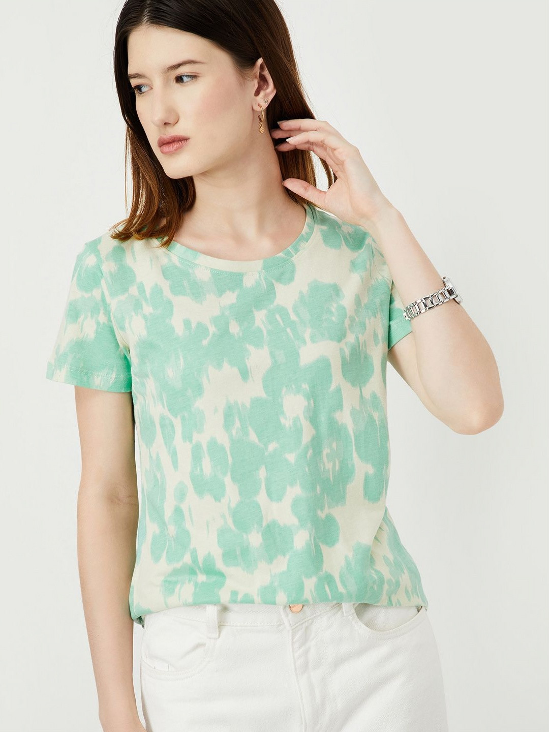 

max Women Abstract Printed Round Neck Cotton T-shirt, Green