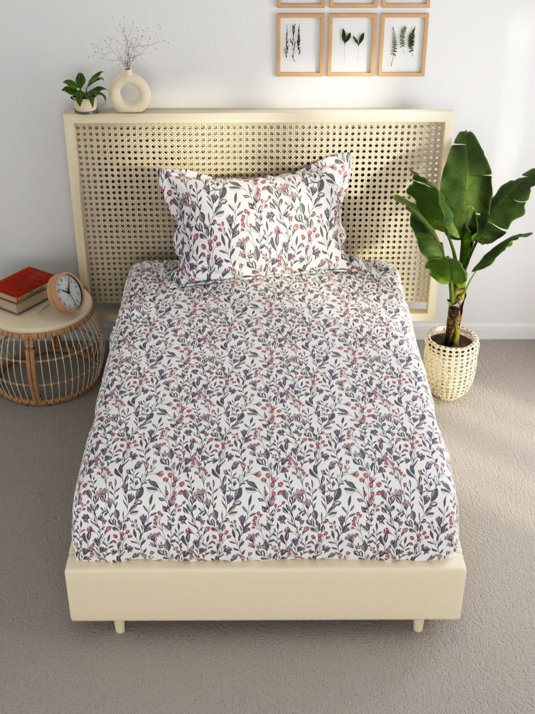 

BIANCA estonia Purple & White Floral 120 TC Single Bedsheet with 1 Pillow Cover