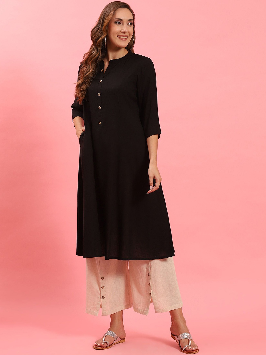 

Shree Mandarin Collar Three-Quarter Sleeves Pocket Detailing Liva A-Line Kurta, Black