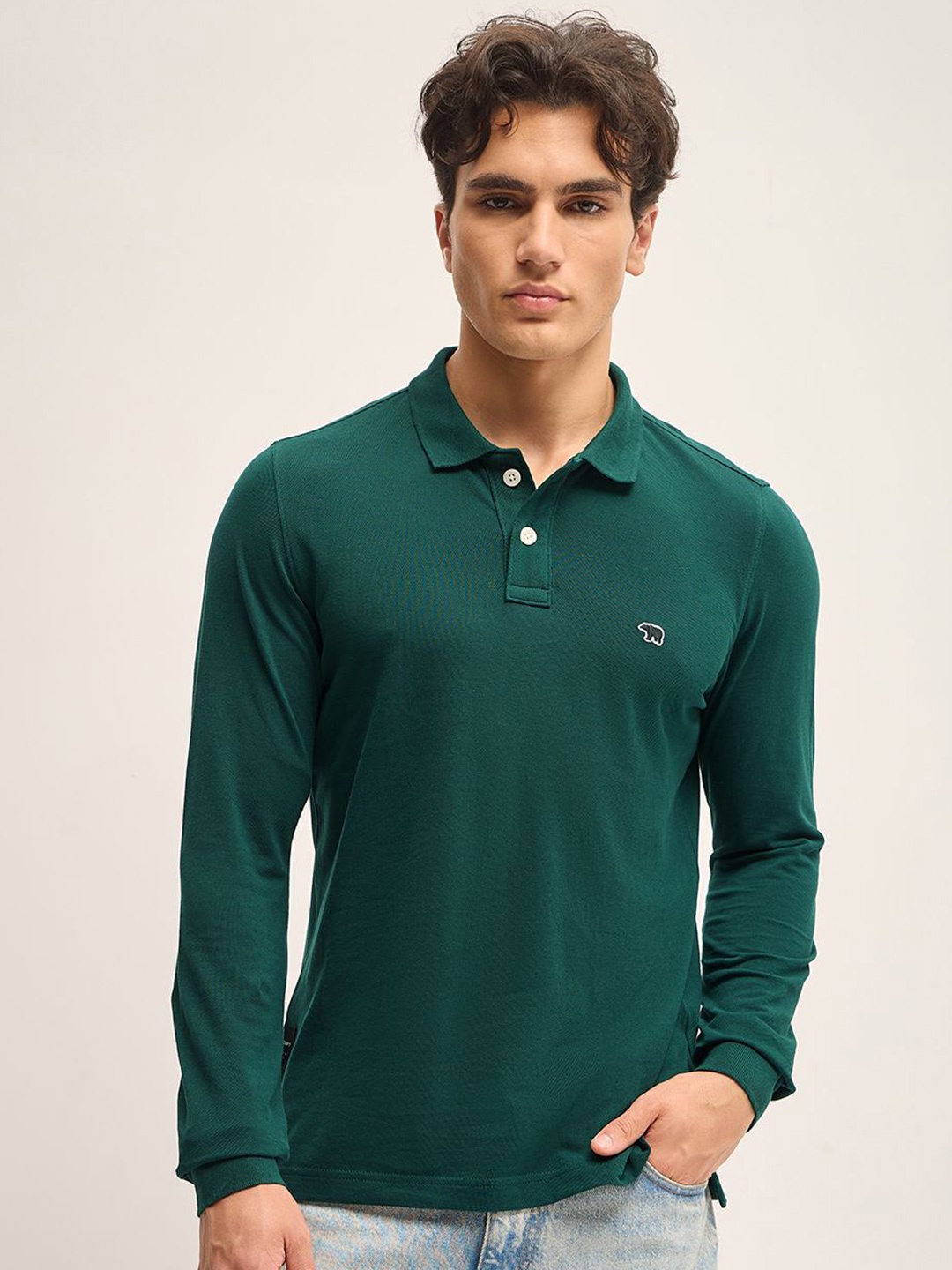 

THE BEAR HOUSE Men Solid Polo Collar Cotton T-shirt, Green