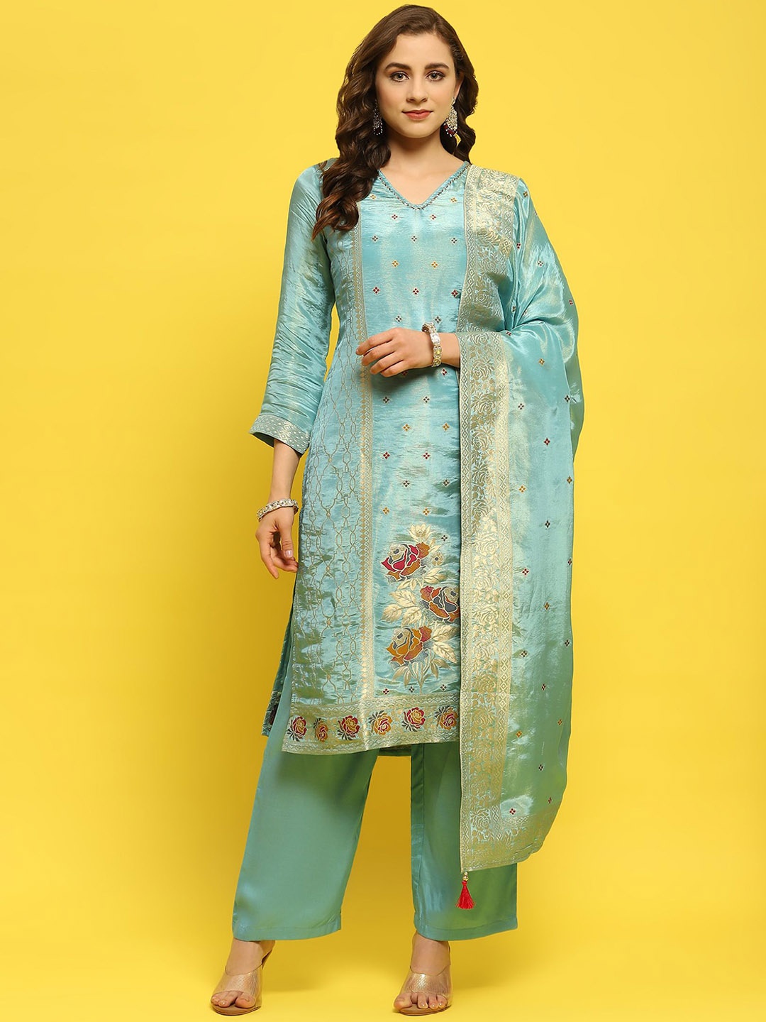 

Shree Floral Woven Design Kurta With Trousers & Dupatta, Blue