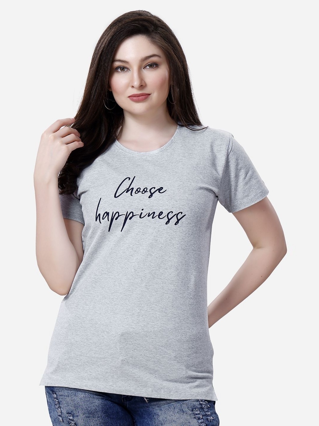 

Lenissa Women Typography Printed Round Neck Cotton Relaxed Fit T-Shirt, Grey melange