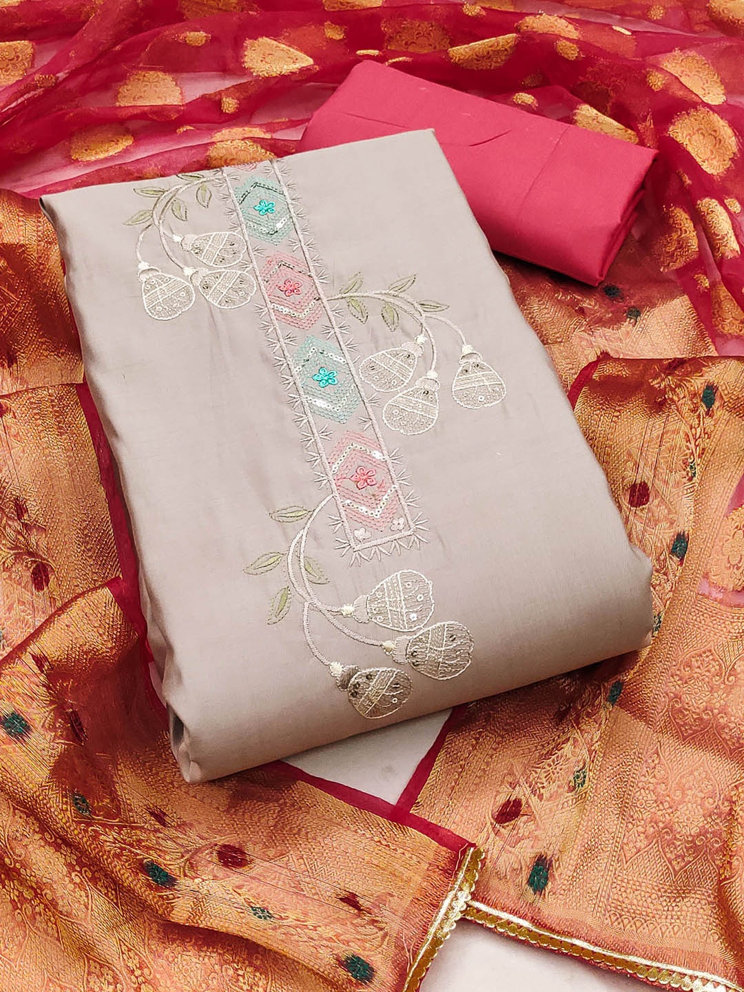 

KALINI Floral Embroidered Pure Silk Zari Unstitched Dress Material, Purple