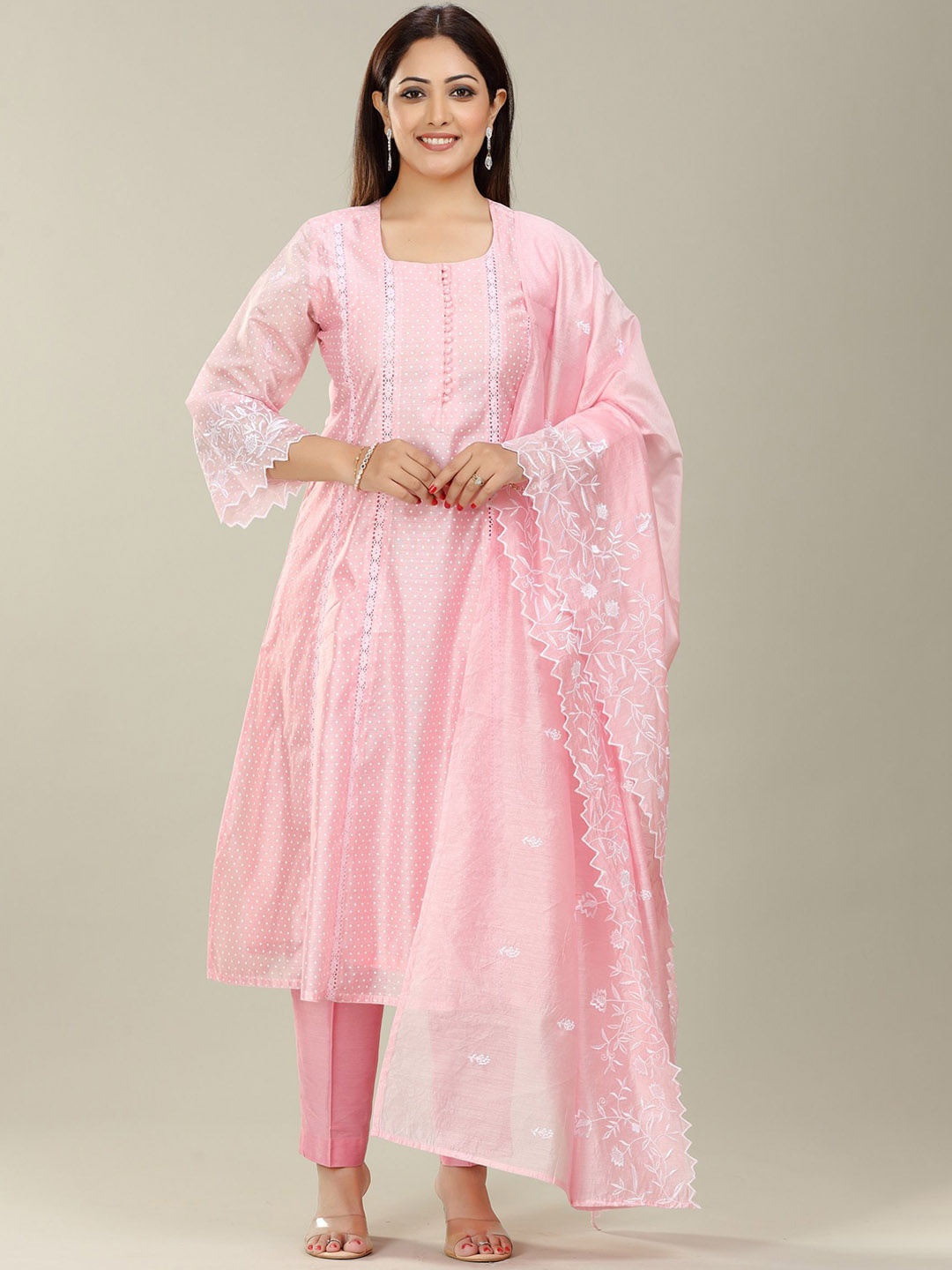 

COTTON CULTURE Women Ethnic Printed U- Neck Flared Sleeves Chanderi Cotton Kurta Set, Pink