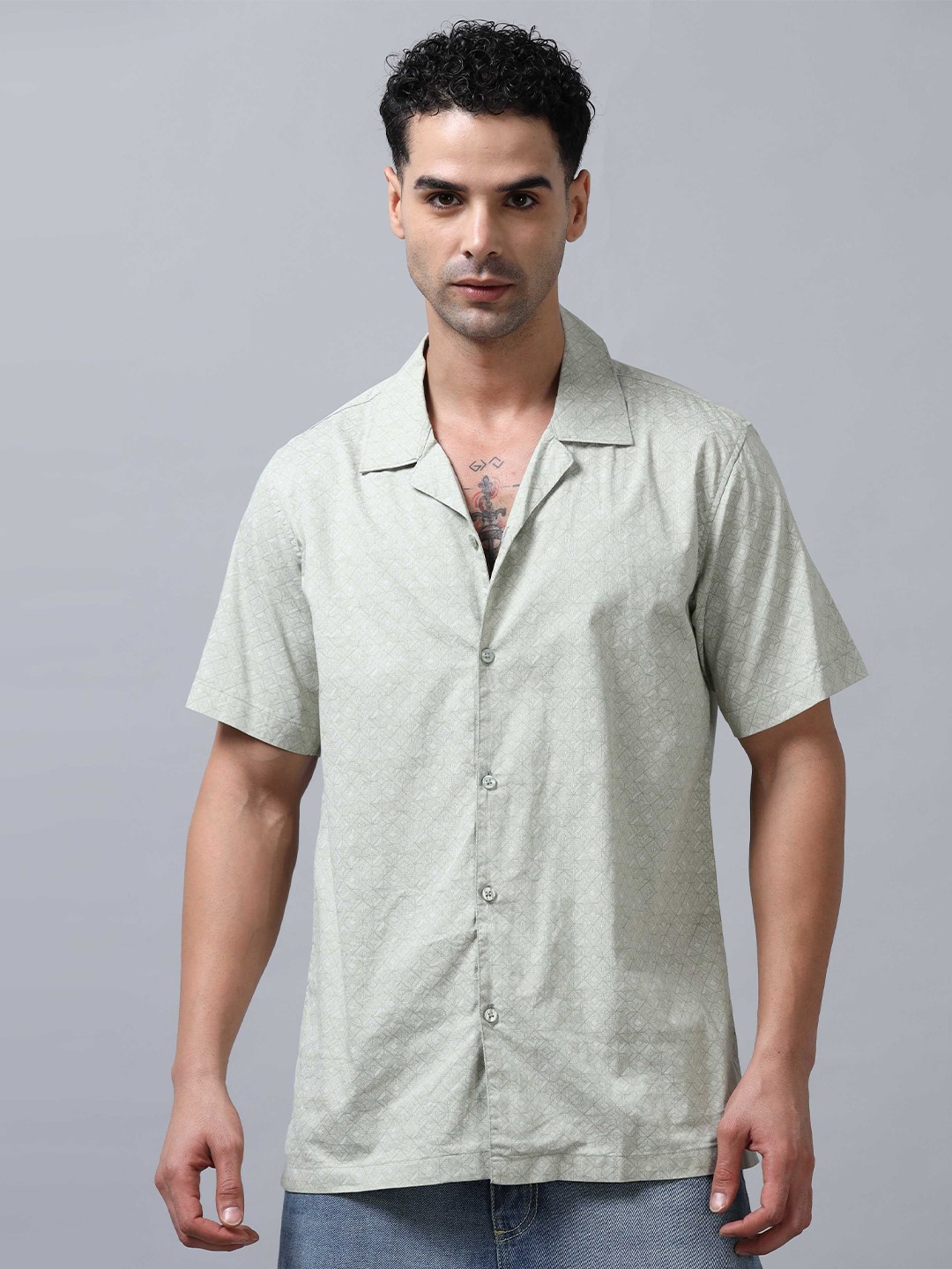

SORATIA Men Cuban Collar Micro Ditsy Printed Cotton Relaxed Fit Casual Shirt, Green