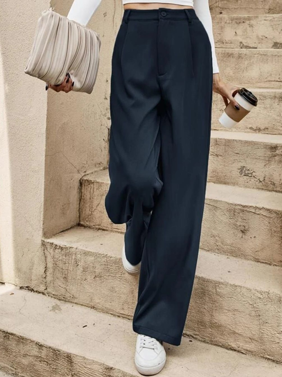 

Next One Women High-Rise Pleated Korean Trousers, Black