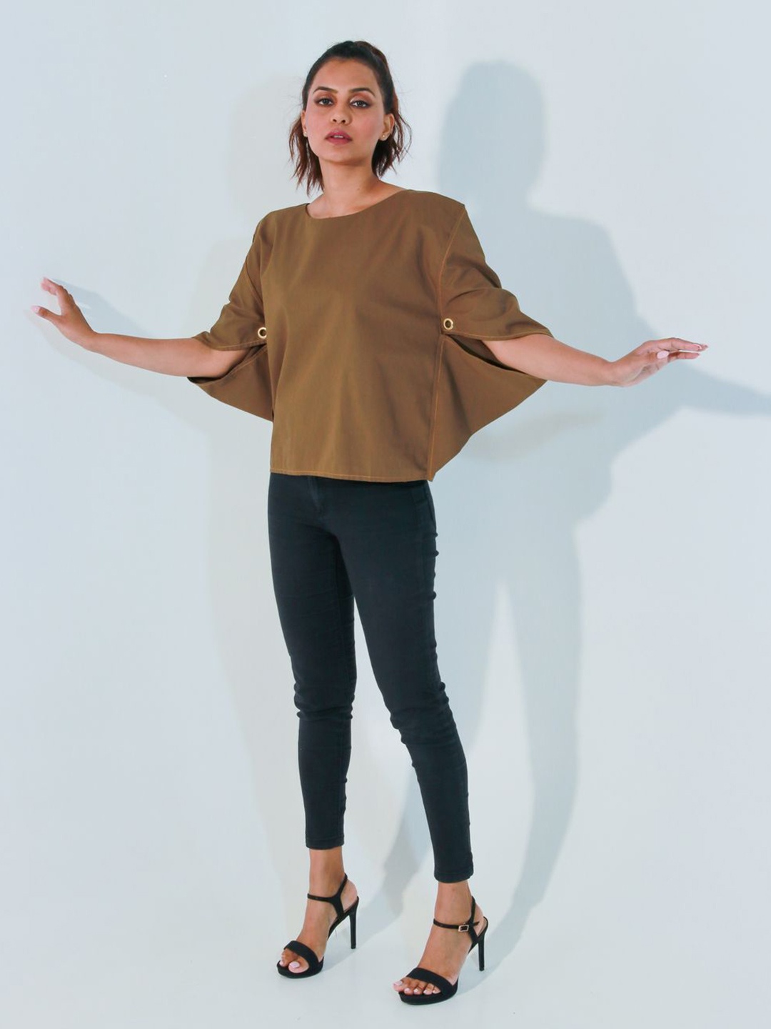 

ECHKE Women Solid Round Neck Cotton Top, Brown