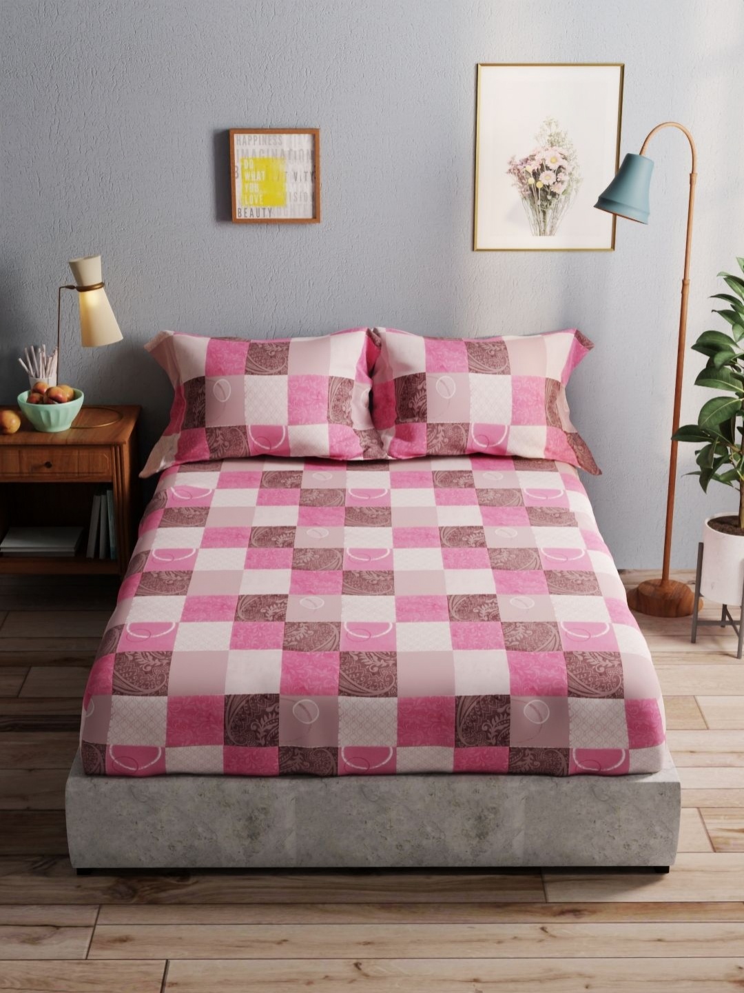 

BIANCA Amolina Pink & White Geometric 140 TC Cotton Queen Bedsheet with 2 Pillow Covers