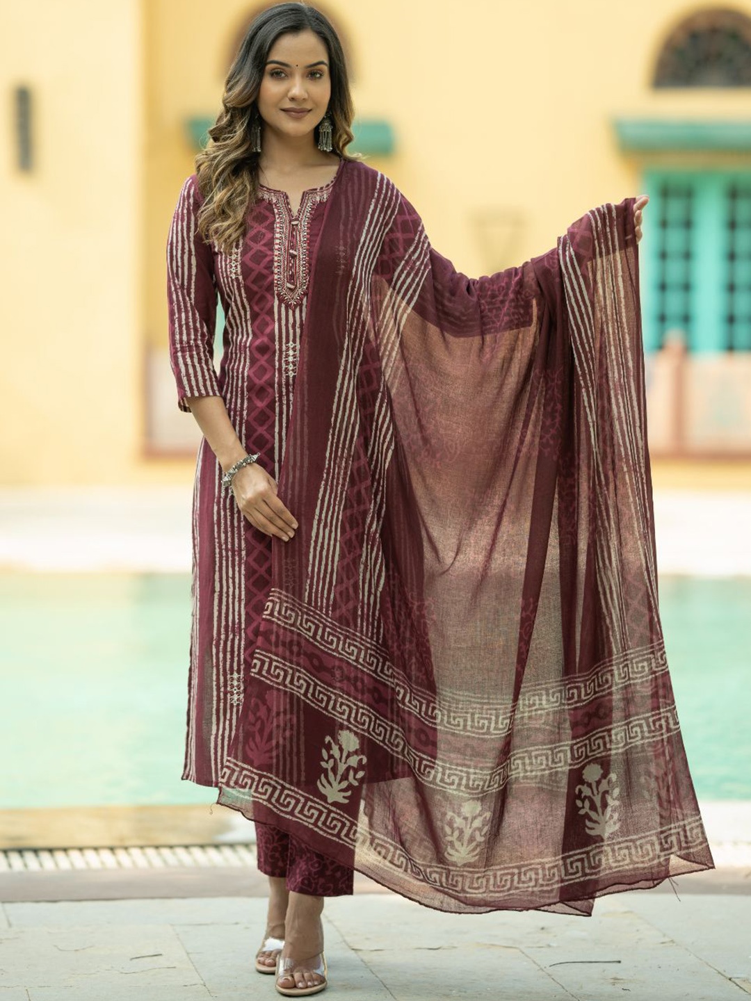 

KALINI Geometric Embroidered Thread Work Pure Cotton Kurta With Trousers & Dupatta, Maroon