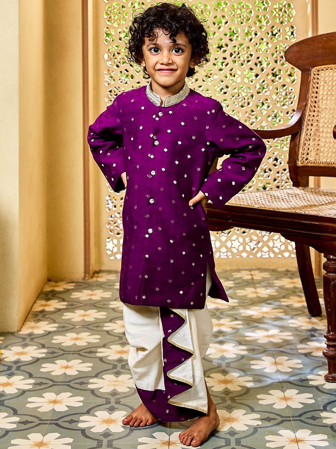 

VASTRAMAY Boys Ethnic Motifs Woven Design Mandarin Collar Regular Kurta With Dhoti Pants, Purple