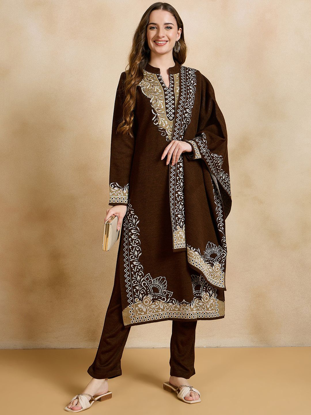 

CLAPTON Floral Embroidered Pure Woollen Straight Kurta With Trousers & Dupatta, Brown