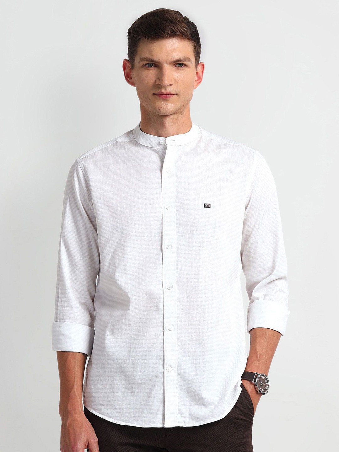 

Arrow Men Classic Band Collar Solid Cotton Casual Shirt, White