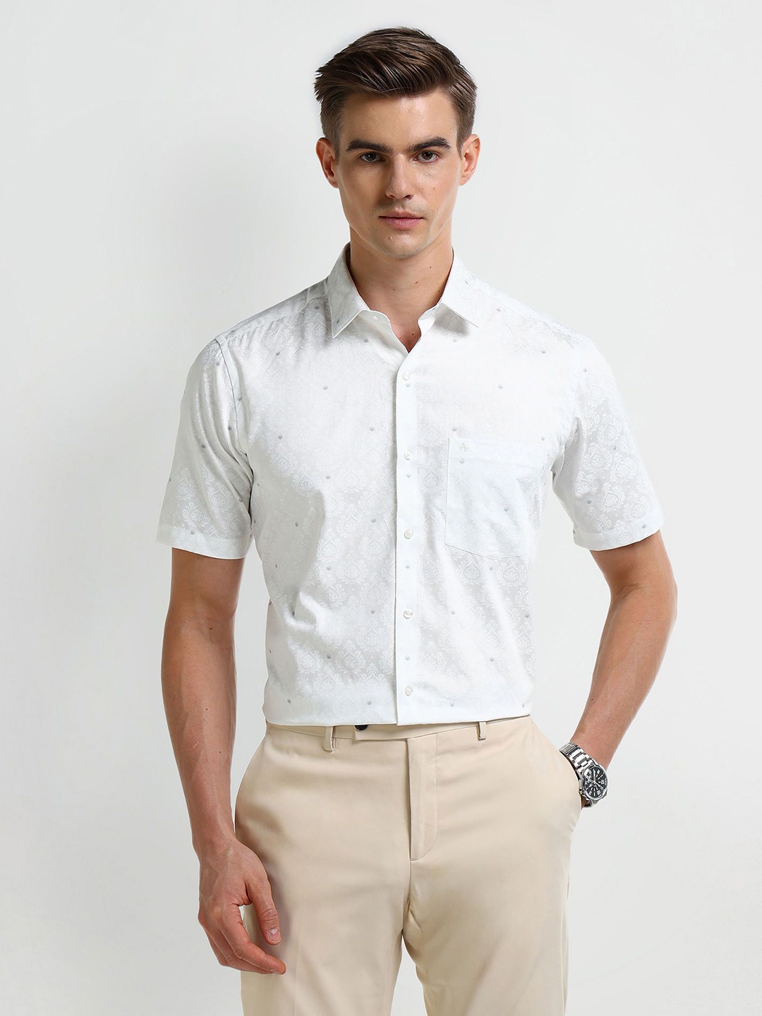 

Arrow Men Modern Spread Collar Abstract Printed Cotton Slim Fit Formal Shirt, White