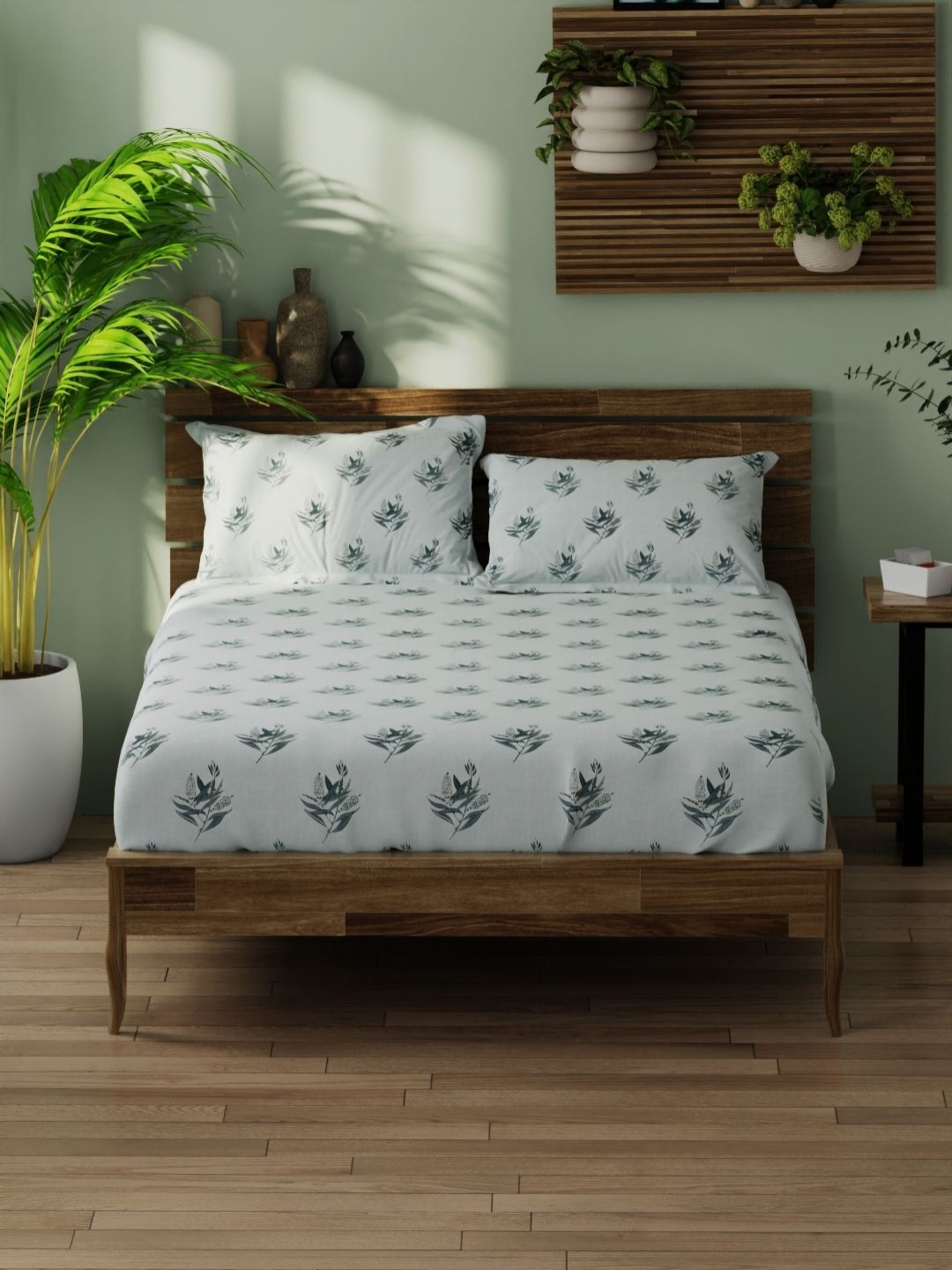 

BIANCA White & Green Floral 180 TC Pure Cotton King Bedsheet with 2 Pillow Covers